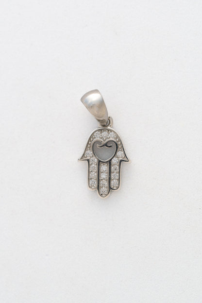 Pure 925 Silver Hamsa Hand Pendant with Stone Accents – 20mm × 10mm