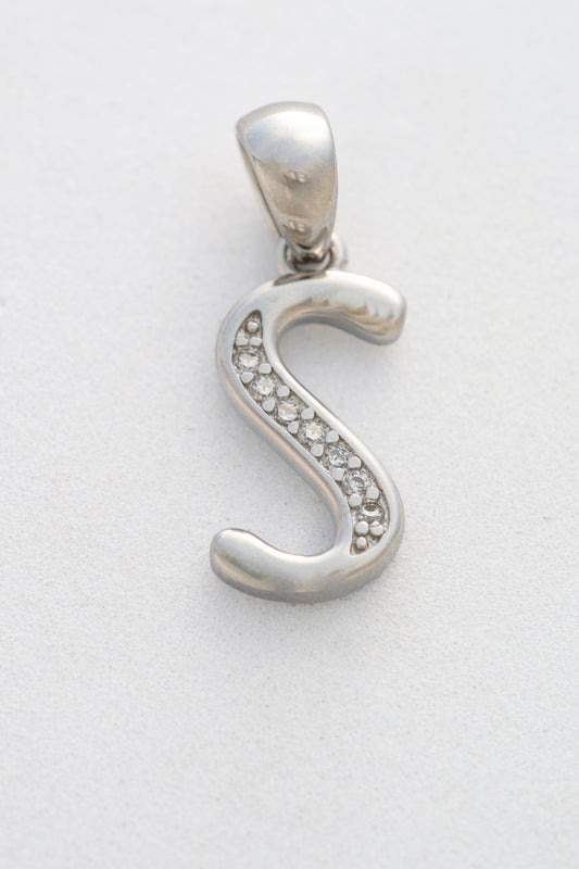 Pure 925 Silver Alphabet “S” Initial Pendant with Stone Accents – 20mm × 9mm